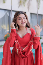 Beautiful Ruby Red Anarkali Gown with Elegant Dupatta