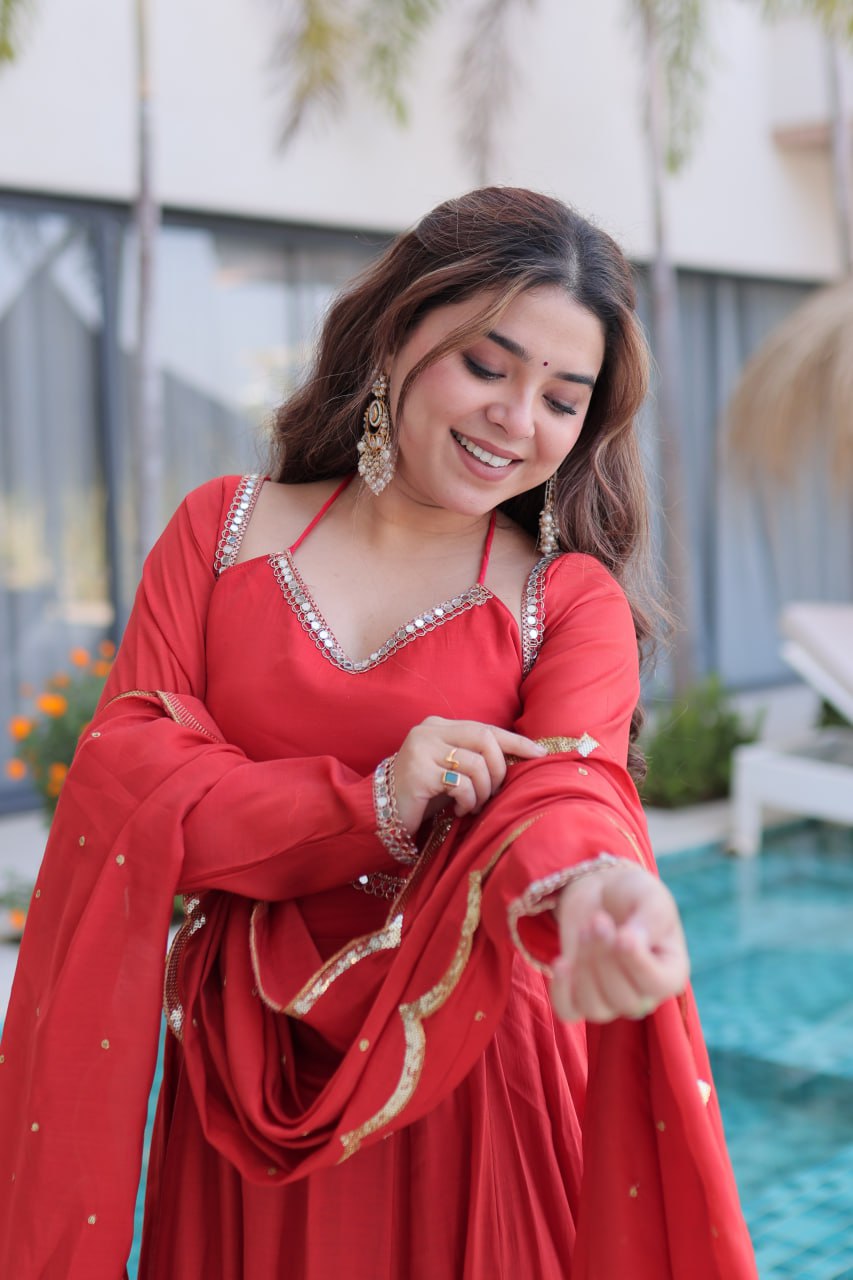 Beautiful Ruby Red Anarkali Gown with Elegant Dupatta