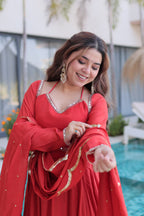 Beautiful Ruby Red Anarkali Gown with Elegant Dupatta