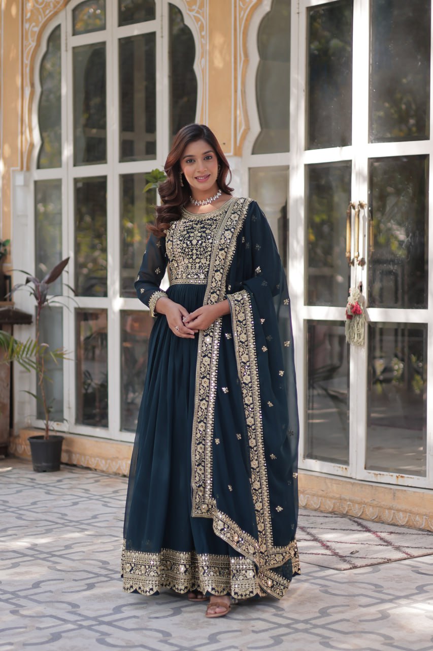 Elegant Blue Heavy Embroidered Anarkali Gown with Dupatta