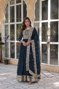Elegant Blue Heavy Embroidered Anarkali Gown with Dupatta