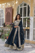 Elegant Blue Heavy Embroidered Anarkali Gown with Dupatta