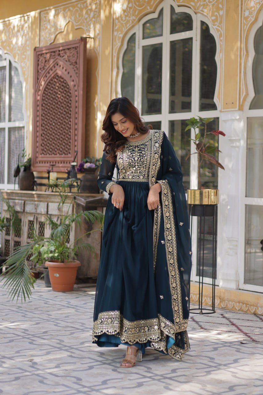 Elegant Blue Heavy Embroidered Anarkali Gown with Dupatta