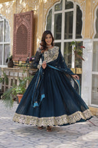 Elegant Blue Heavy Embroidered Anarkali Gown with Dupatta