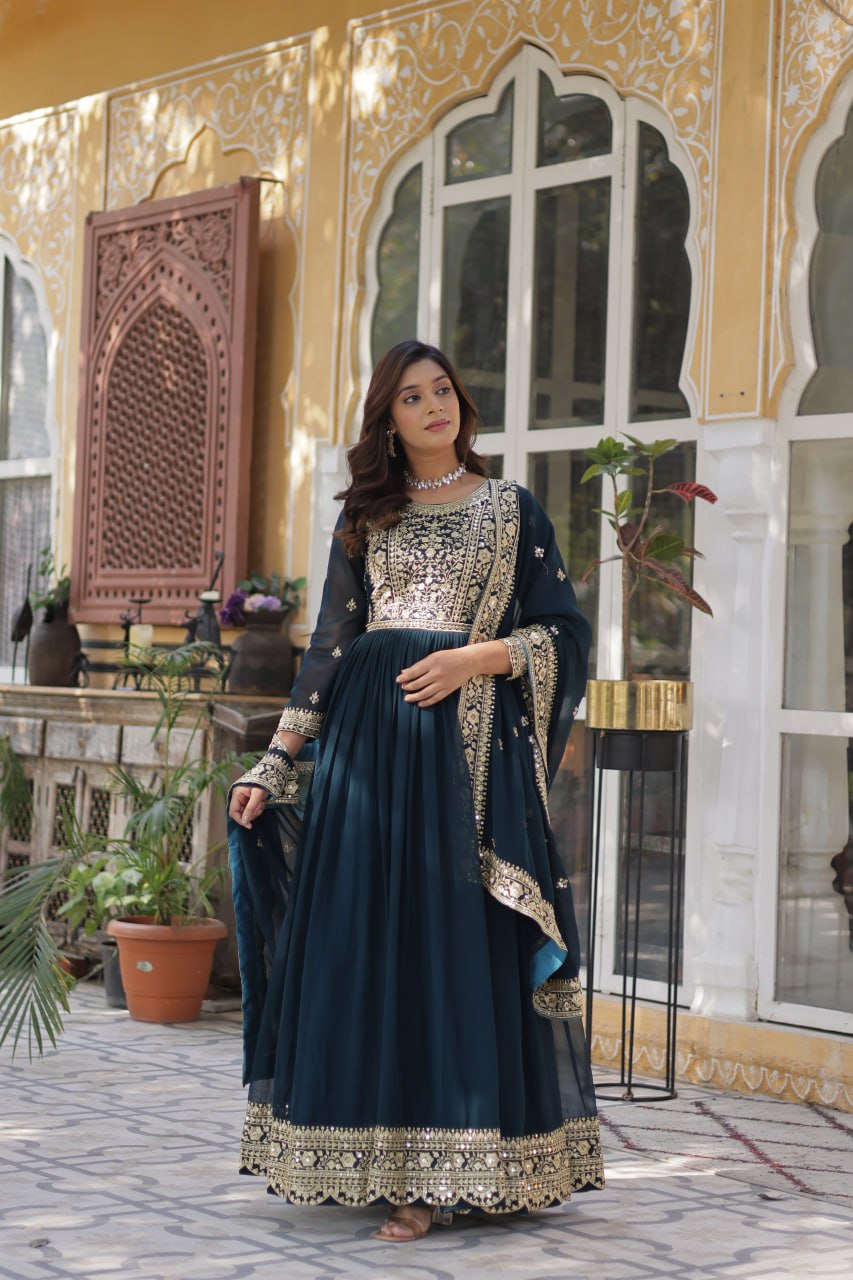 Elegant Blue Heavy Embroidered Anarkali Gown with Dupatta