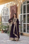 Luxury Wine Purple Embroidered Anarkali Gown Set with Dupatta