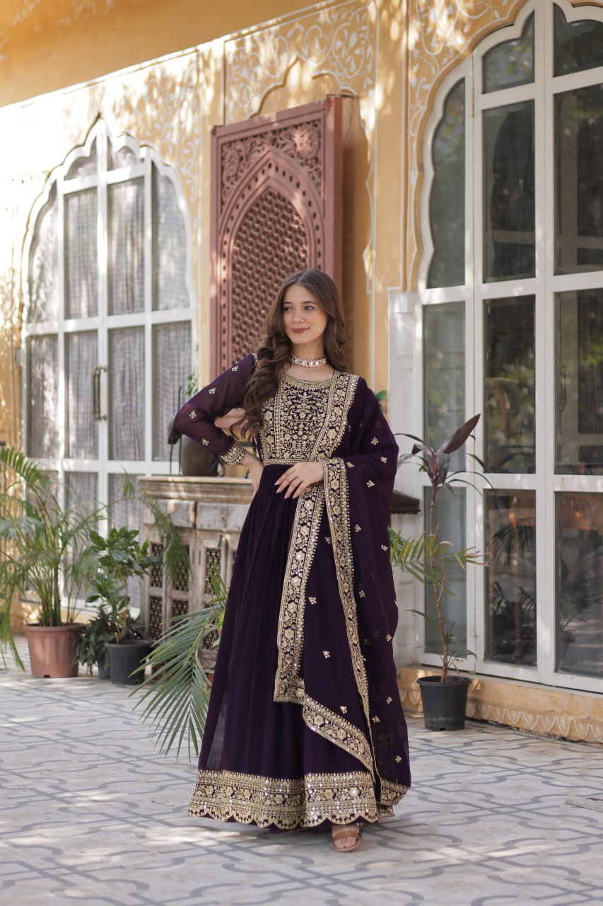 Luxury Wine Purple Embroidered Anarkali Gown Set with Dupatta