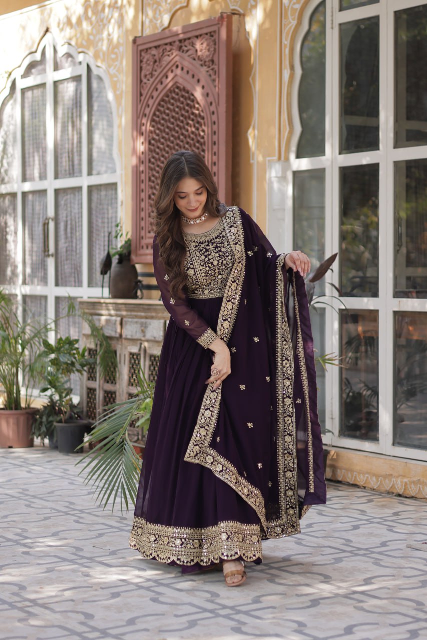 Luxury Wine Purple Embroidered Anarkali Gown Set with Dupatta
