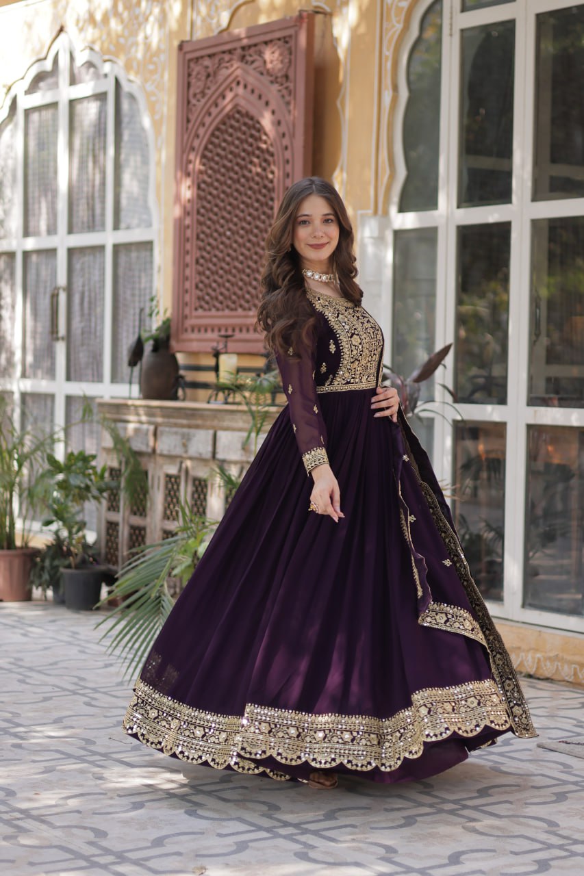 Luxury Wine Purple Embroidered Anarkali Gown Set with Dupatta