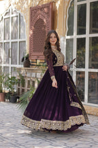 Luxury Wine Purple Embroidered Anarkali Gown Set with Dupatta