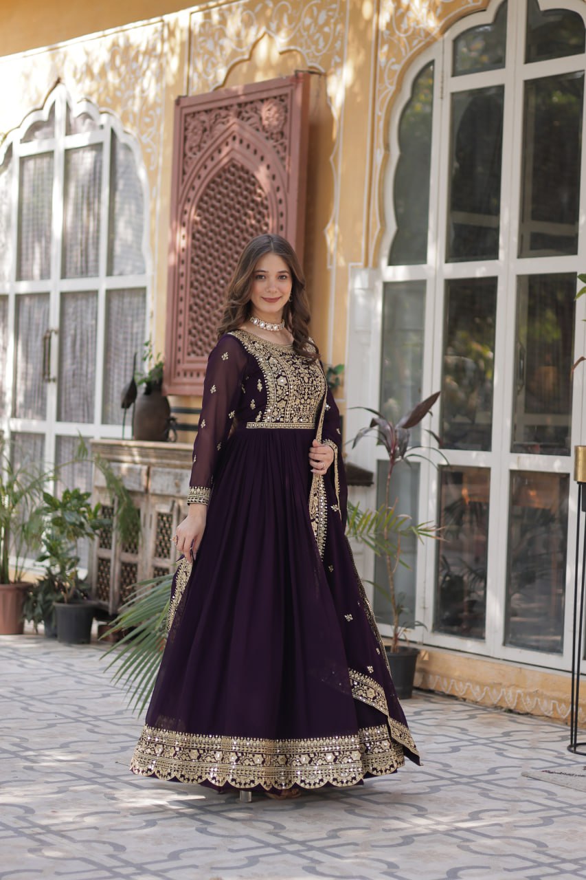 Luxury Wine Purple Embroidered Anarkali Gown Set with Dupatta