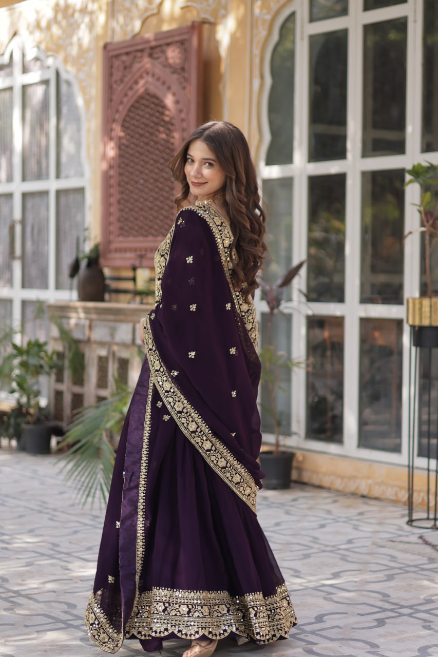 Luxury Wine Purple Embroidered Anarkali Gown Set with Dupatta