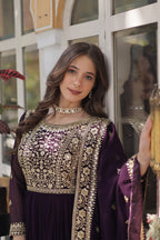 Luxury Wine Purple Embroidered Anarkali Gown Set with Dupatta