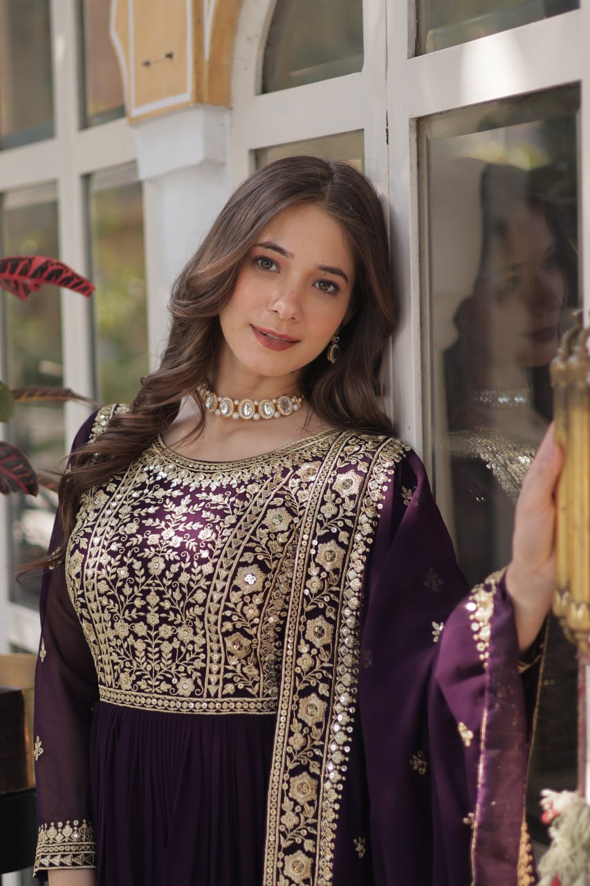 Luxury Wine Purple Embroidered Anarkali Gown Set with Dupatta