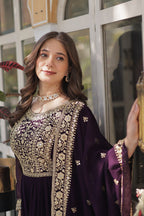 Luxury Wine Purple Embroidered Anarkali Gown Set with Dupatta