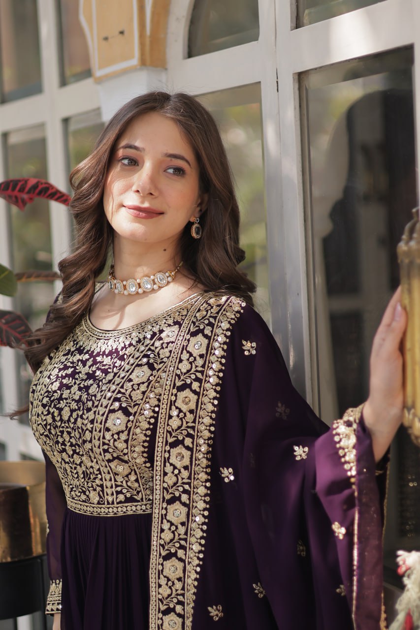 Luxury Wine Purple Embroidered Anarkali Gown Set with Dupatta