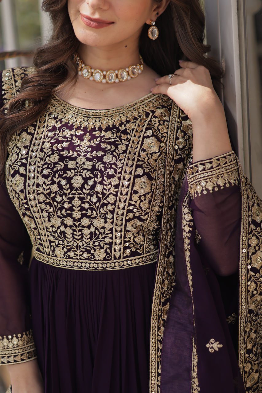 Luxury Wine Purple Embroidered Anarkali Gown Set with Dupatta