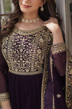 Luxury Wine Purple Embroidered Anarkali Gown Set with Dupatta