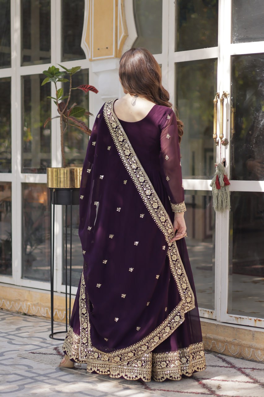 Luxury Wine Purple Embroidered Anarkali Gown Set with Dupatta