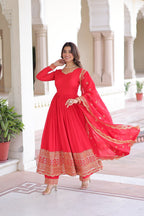 Elegant Red Anarkali Set with Embroidered Borders