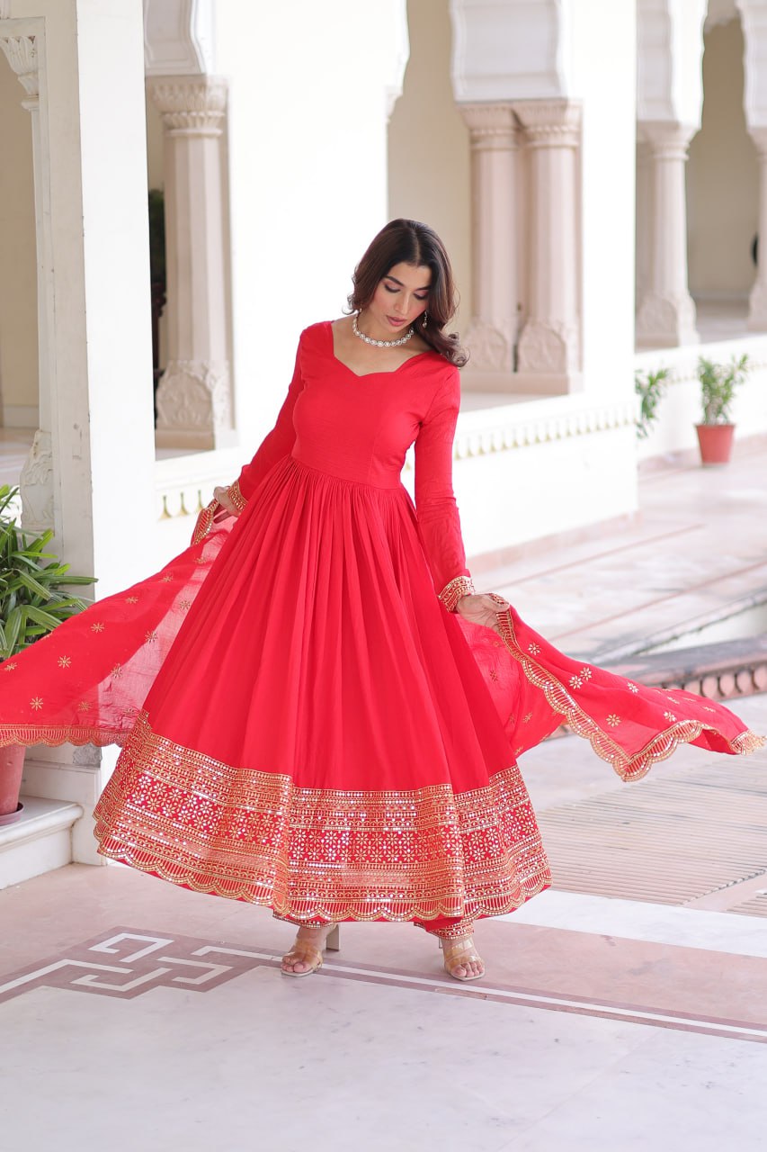 Elegant Red Anarkali Set with Embroidered Borders