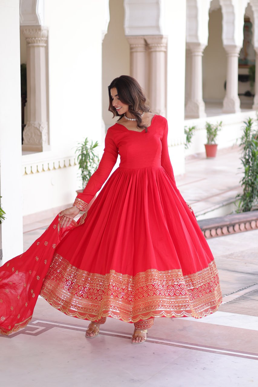 Elegant Red Anarkali Set with Embroidered Borders