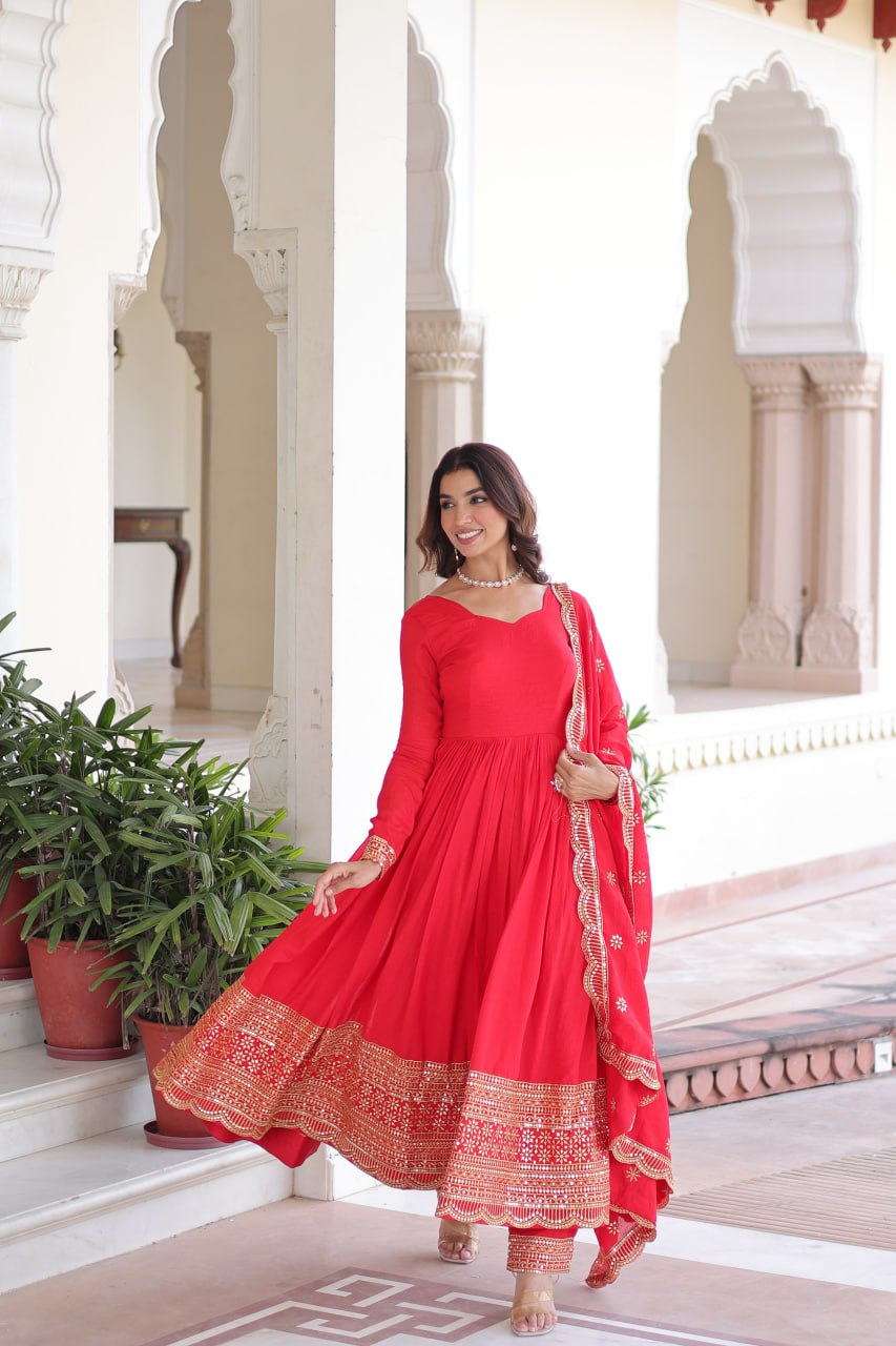 Elegant Red Anarkali Set with Embroidered Borders