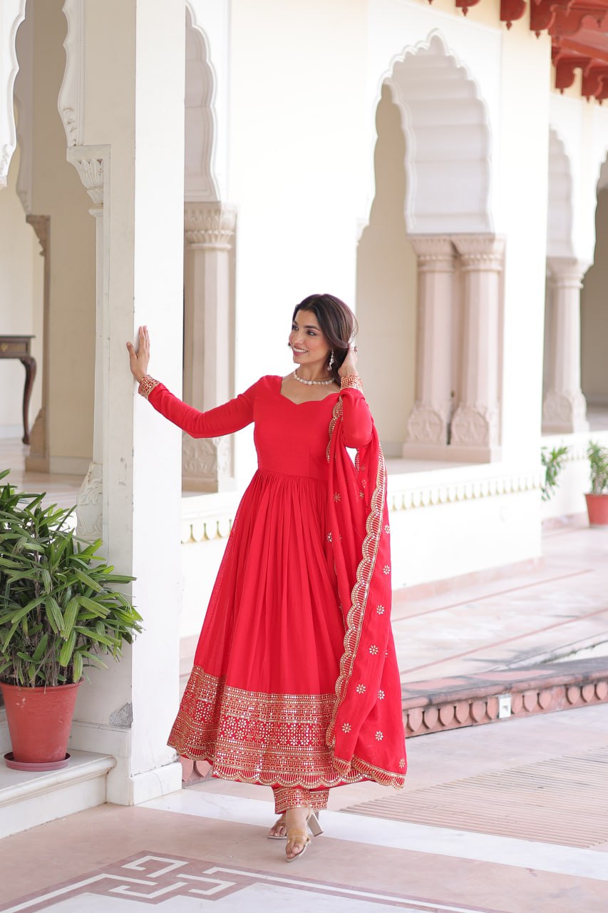Elegant Red Anarkali Set with Embroidered Borders
