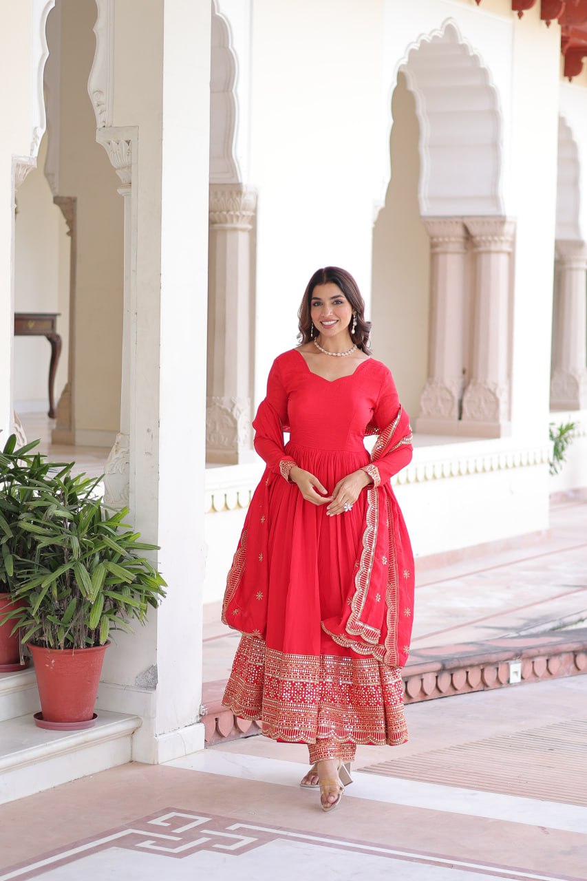 Elegant Red Anarkali Set with Embroidered Borders