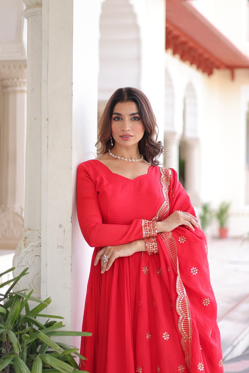 Elegant Red Anarkali Set with Embroidered Borders