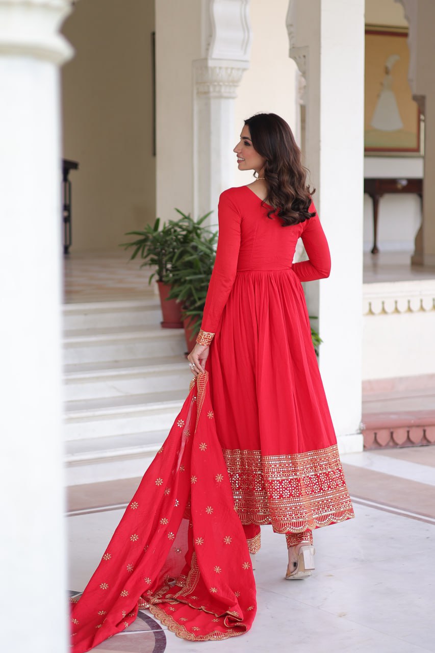 Elegant Red Anarkali Set with Embroidered Borders