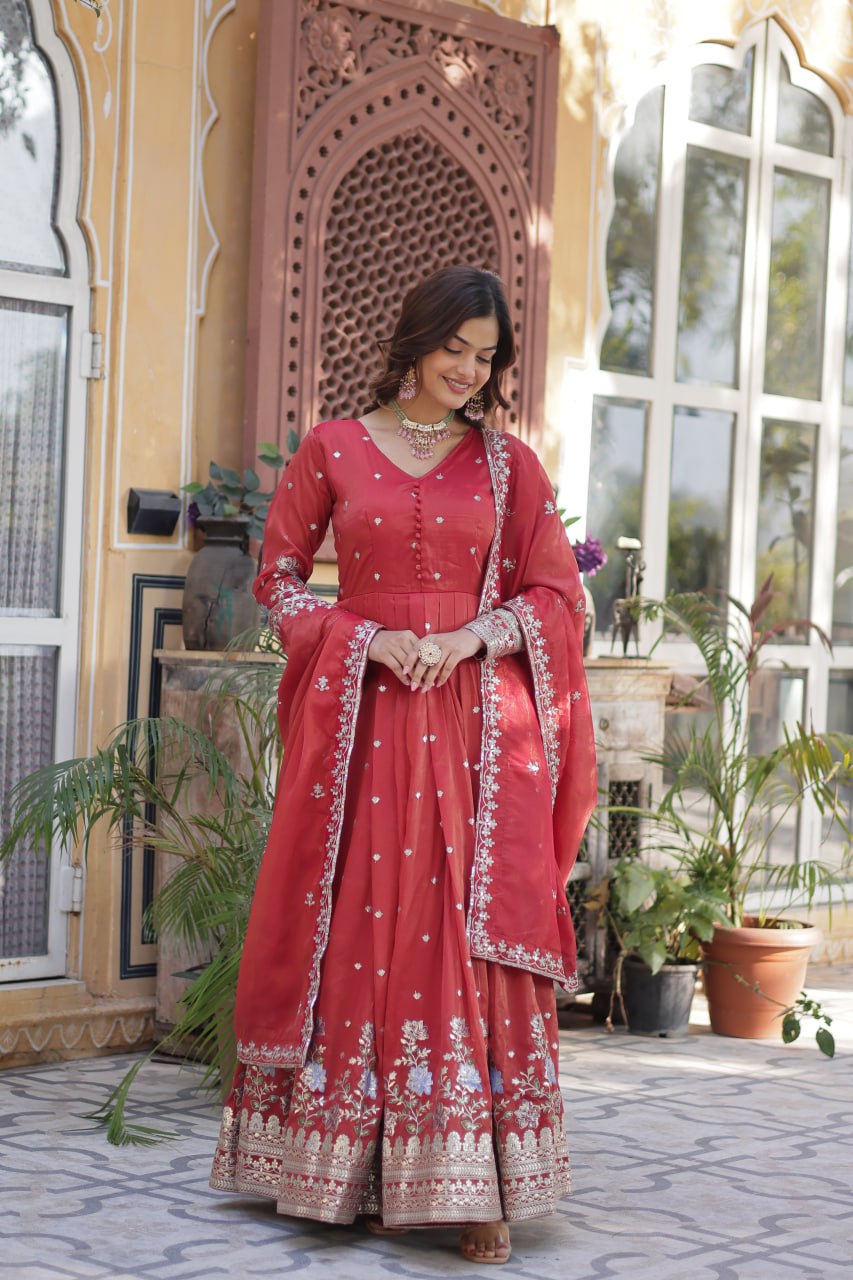 Royal Mehroon Grace Embroidered Flared Gown with Dupatta