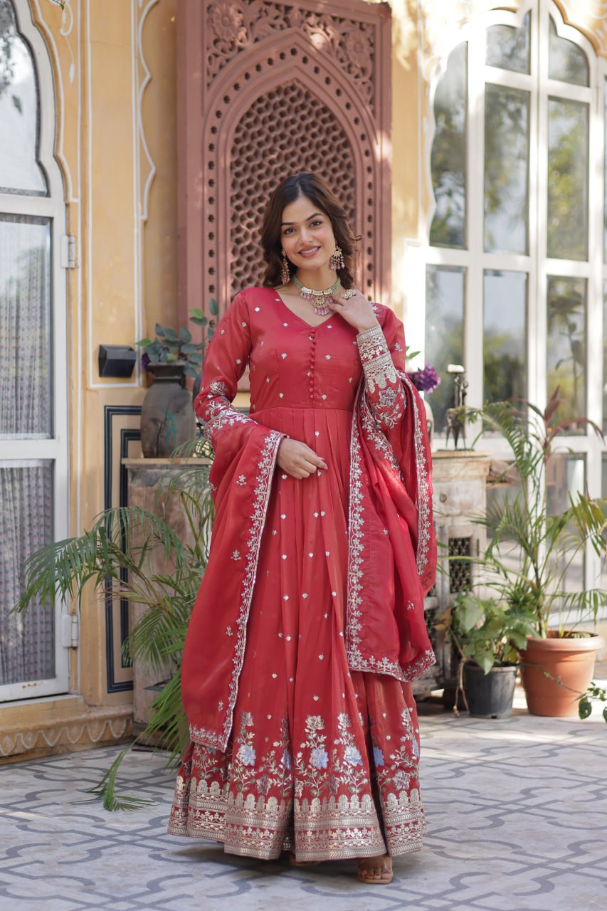 Royal Mehroon Grace Embroidered Flared Gown with Dupatta