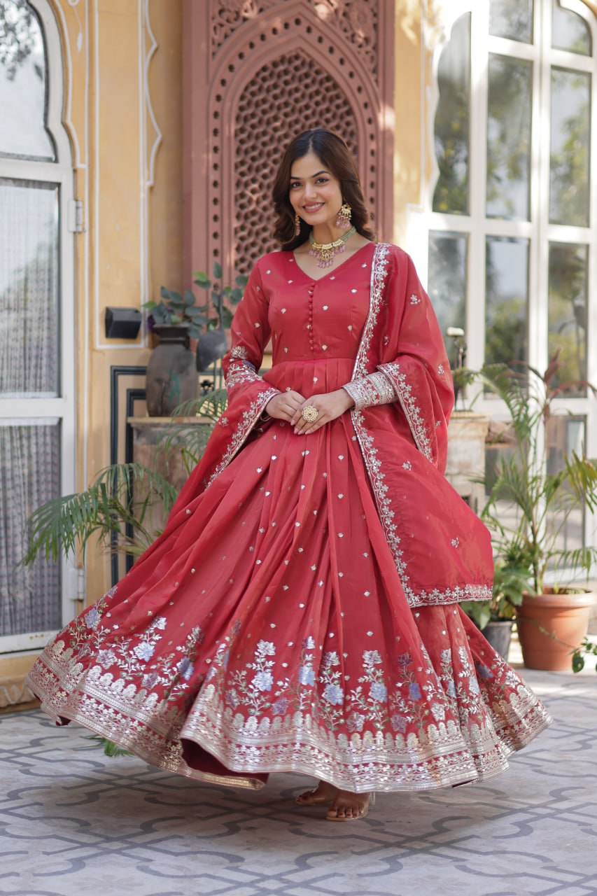 Royal Mehroon Grace Embroidered Flared Gown with Dupatta