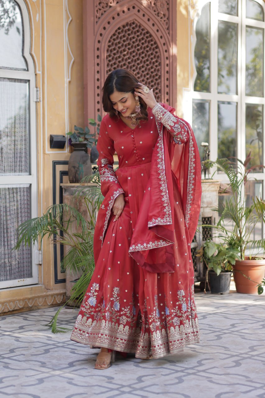 Royal Mehroon Grace Embroidered Flared Gown with Dupatta