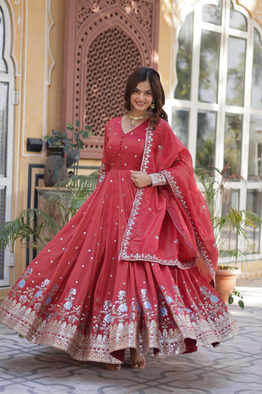 Royal Mehroon Grace Embroidered Flared Gown with Dupatta