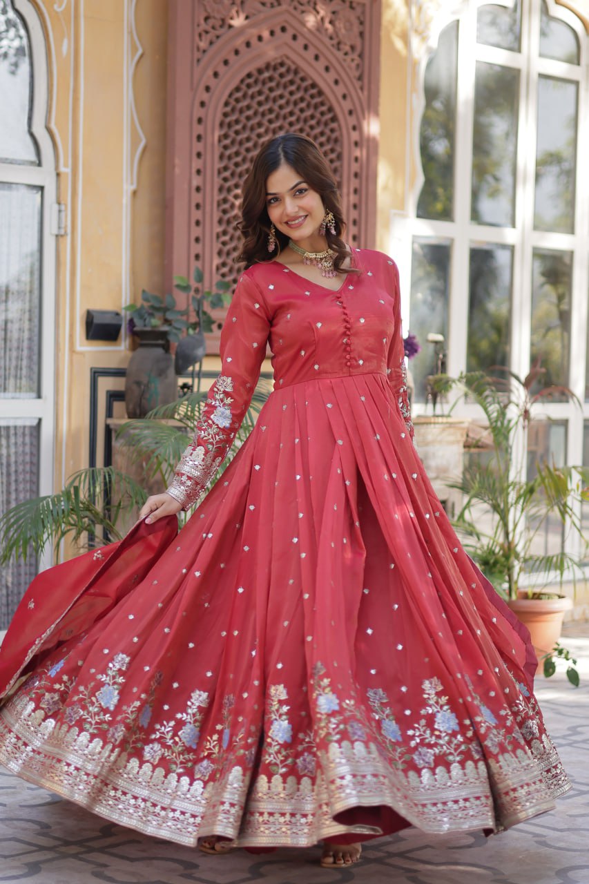Royal Mehroon Grace Embroidered Flared Gown with Dupatta