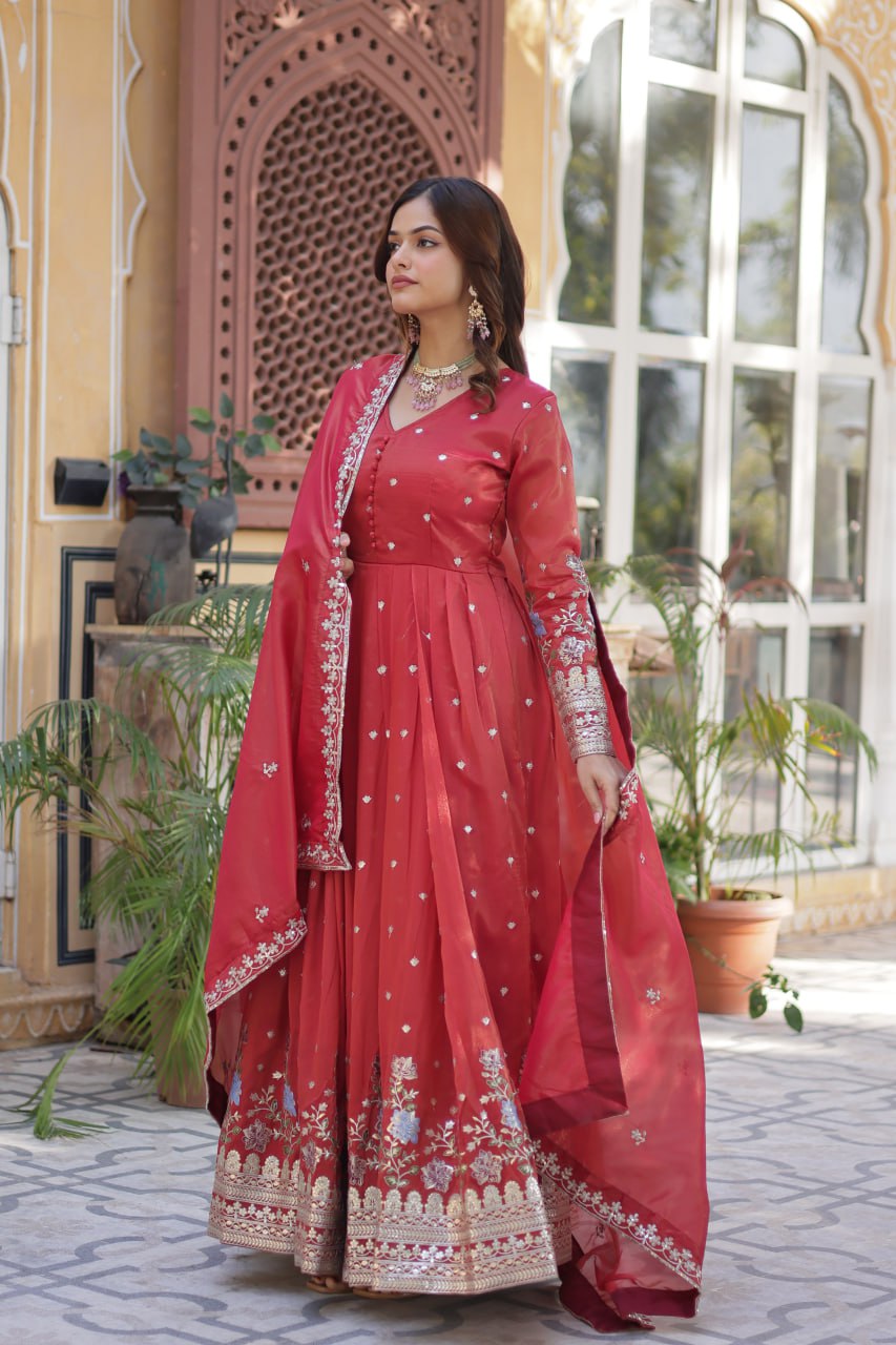 Royal Mehroon Grace Embroidered Flared Gown with Dupatta