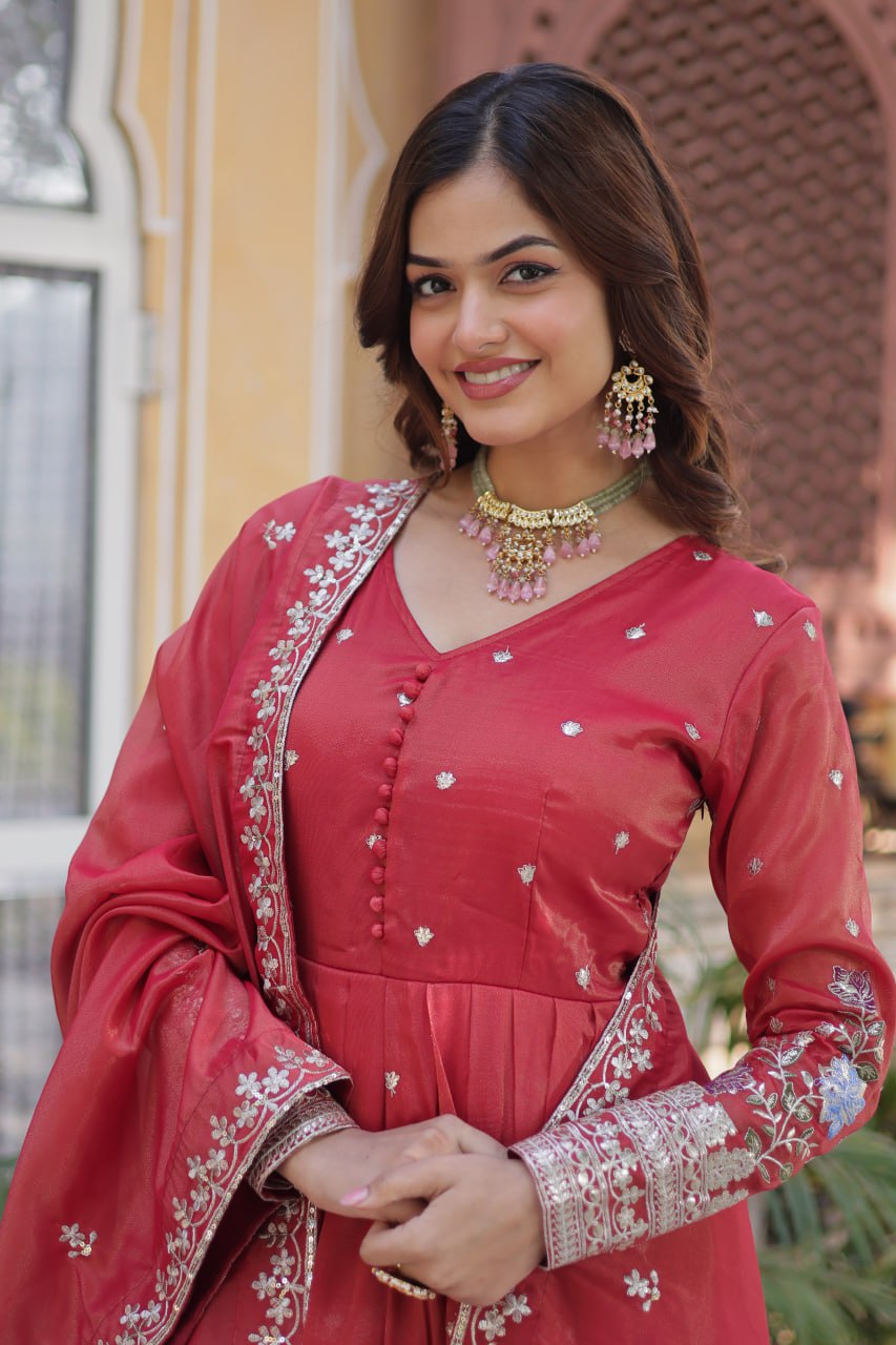 Royal Mehroon Grace Embroidered Flared Gown with Dupatta