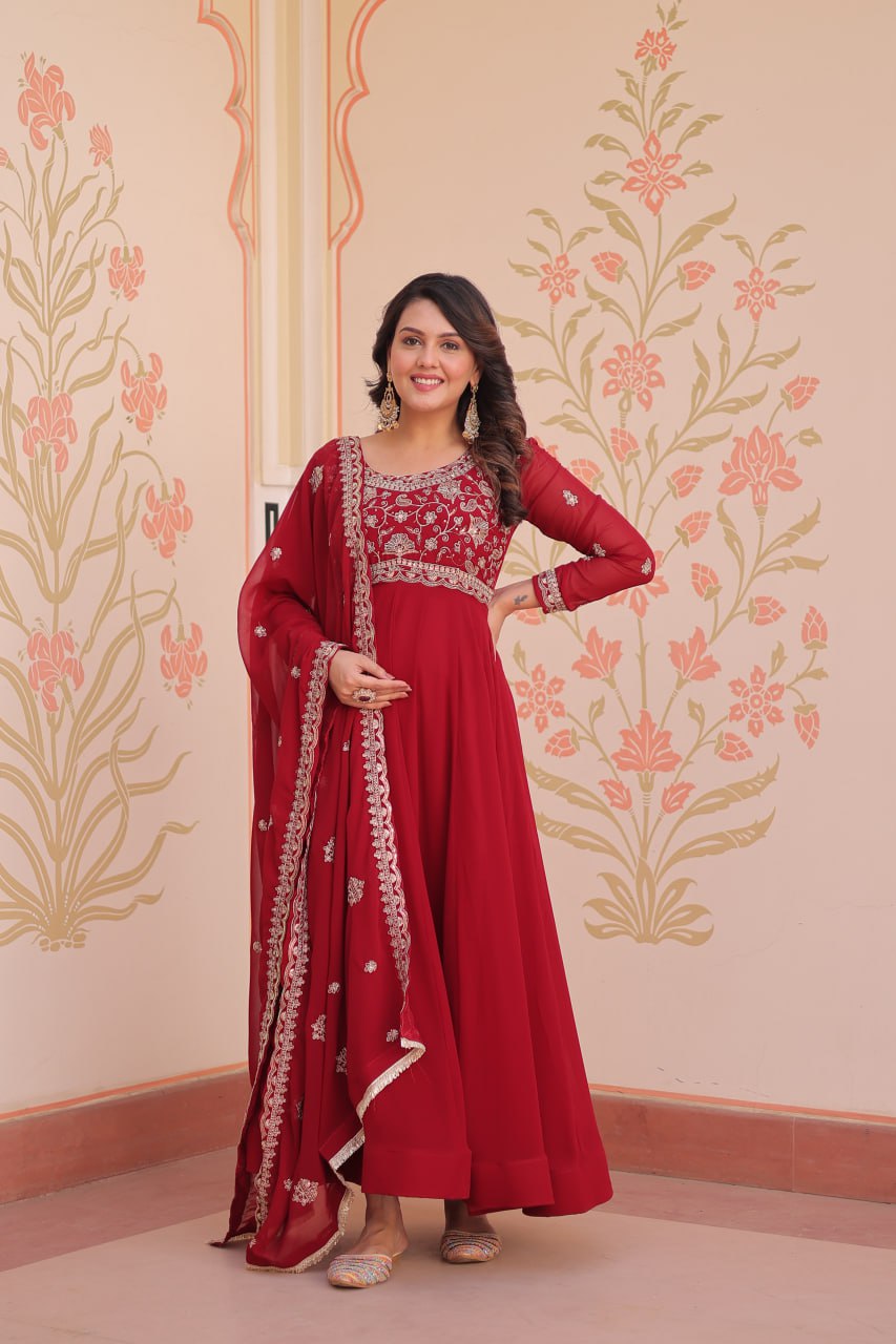 Royal Maroon Ethnic Gown with Designer Dupatta