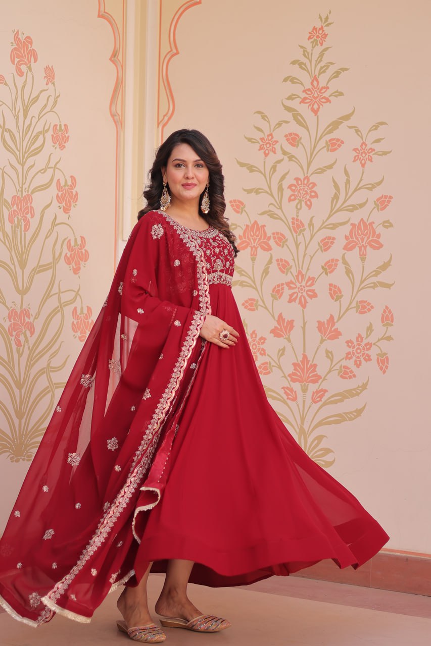Royal Maroon Ethnic Gown with Designer Dupatta