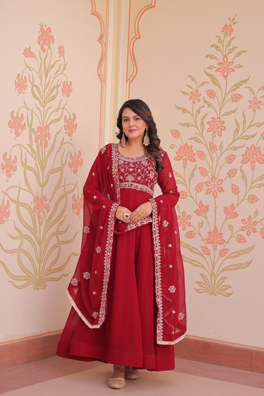 Royal Maroon Ethnic Gown with Designer Dupatta