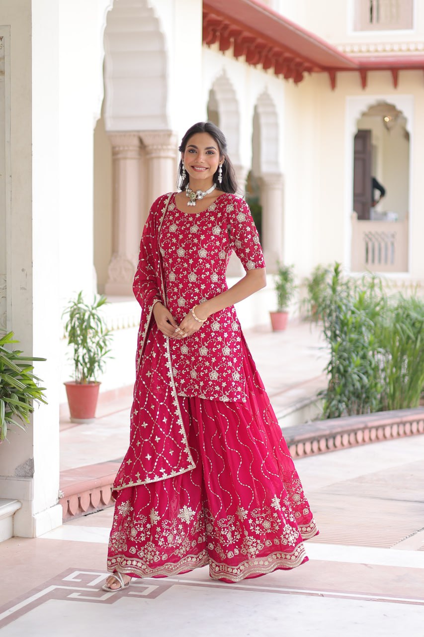 Elegant rani pink embroidered sharara set