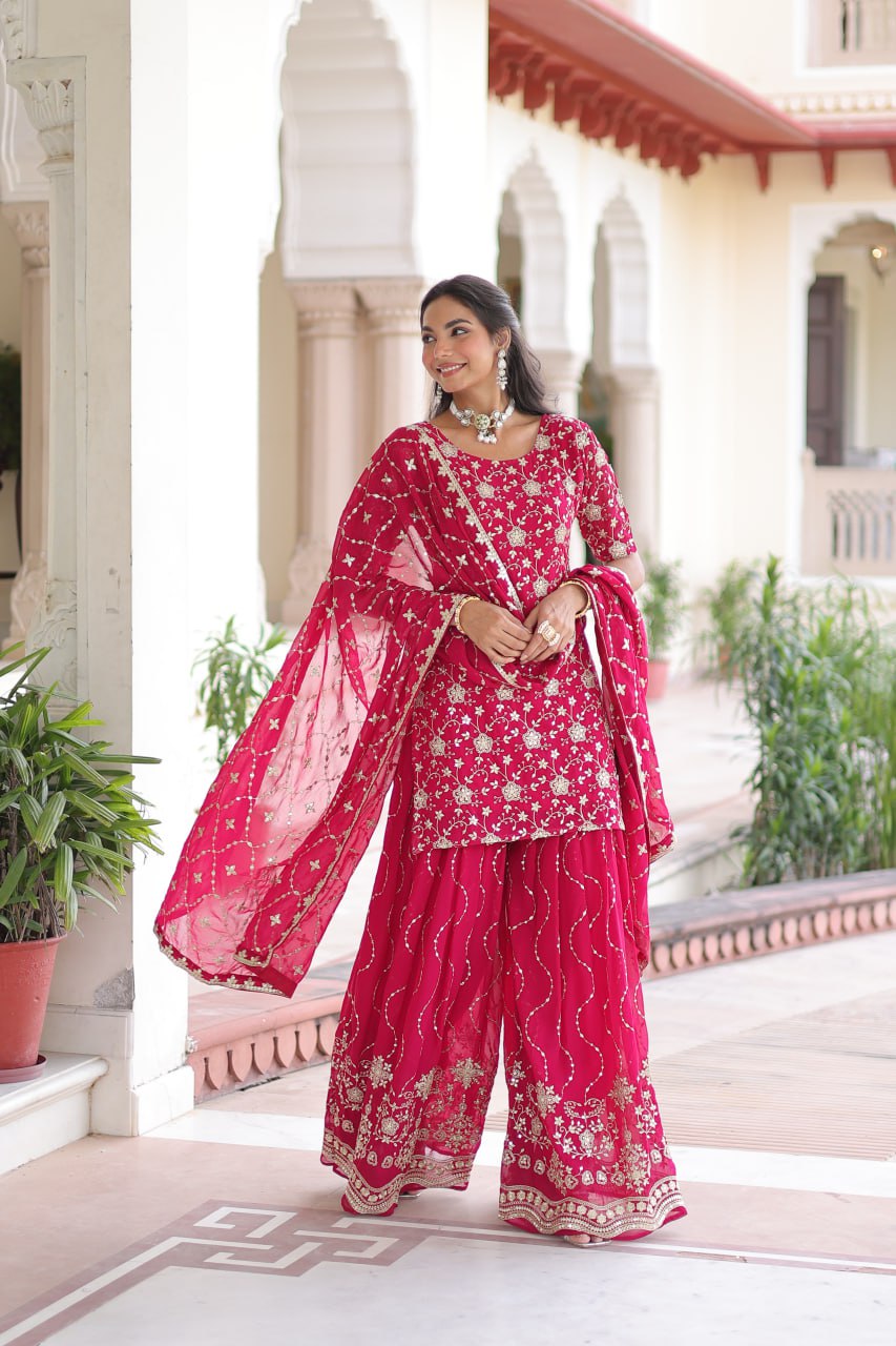 Elegant rani pink embroidered sharara set