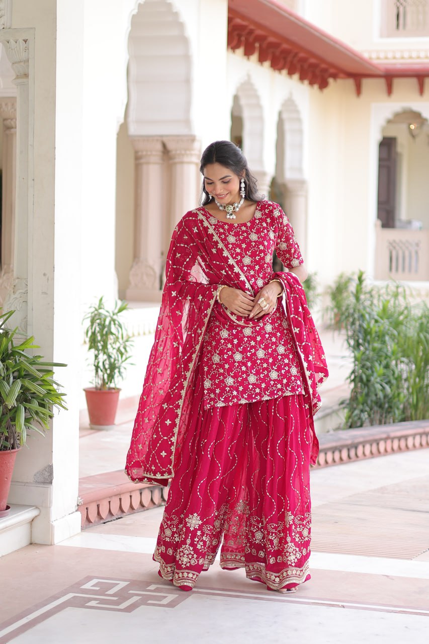 Elegant rani pink embroidered sharara set