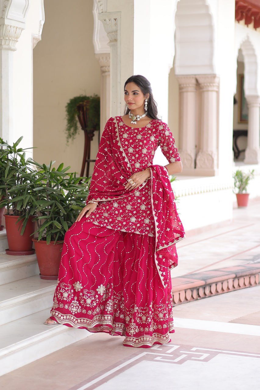 Elegant rani pink embroidered sharara set