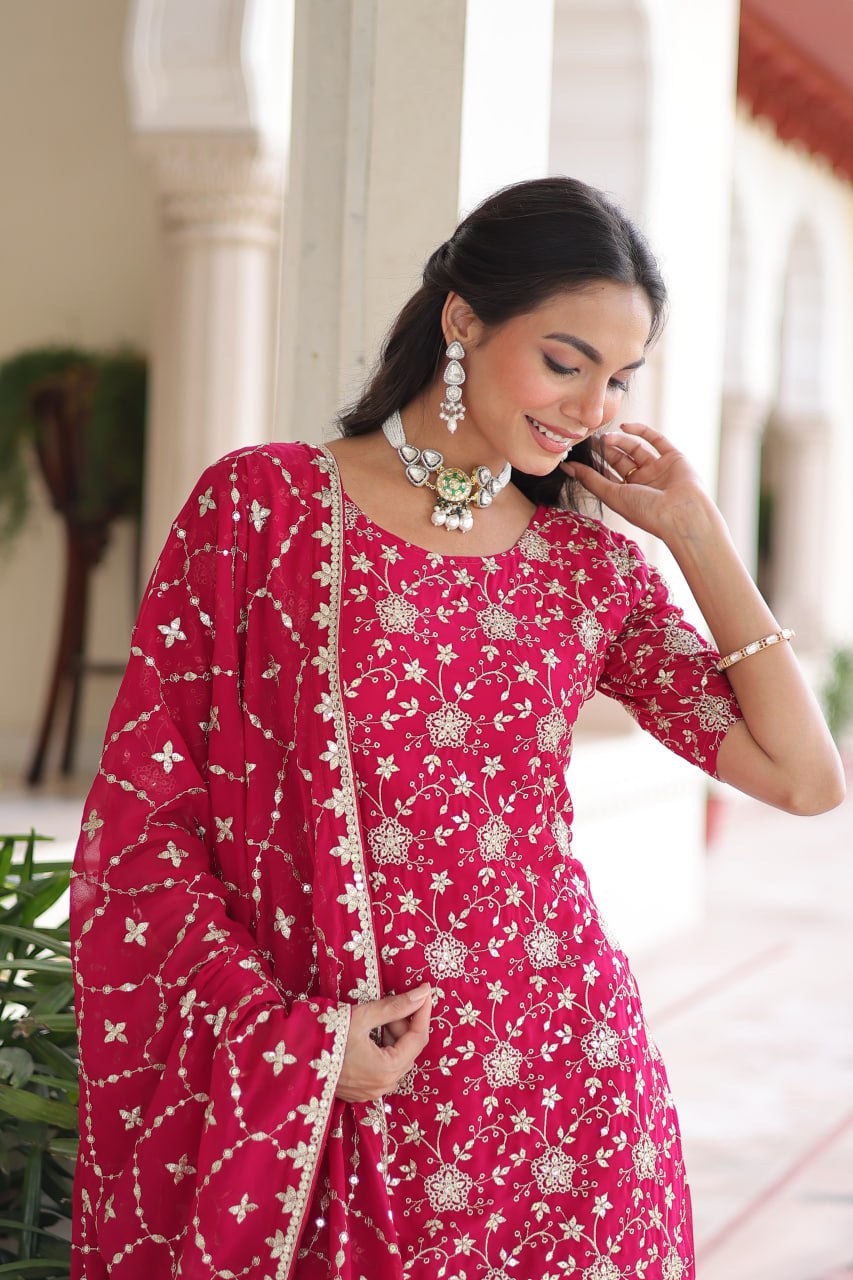 Elegant rani pink embroidered sharara set