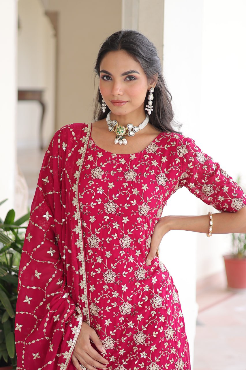 Elegant rani pink embroidered sharara set