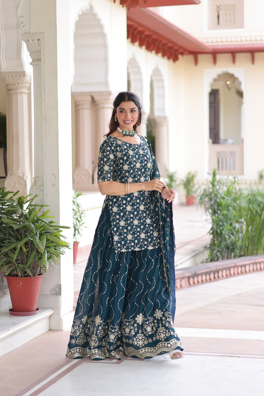 Trendy blue Embroidered Sharara Set with Dupatta