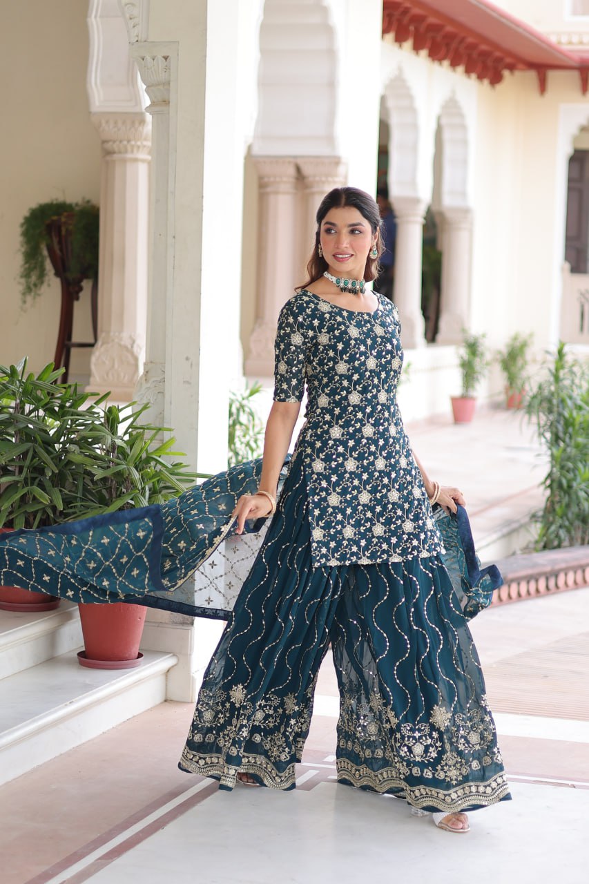 Trendy blue Embroidered Sharara Set with Dupatta
